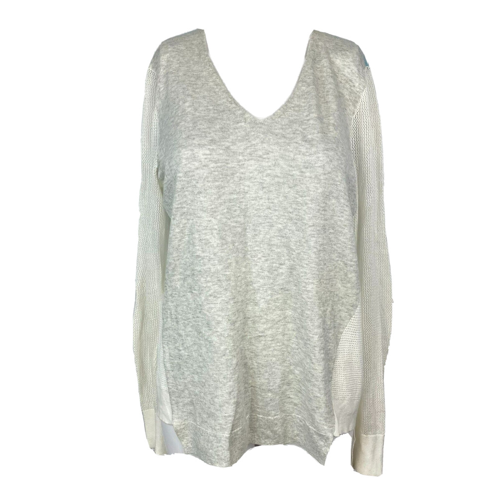 OST Sweater Womens Sz‎ M Gray White Blue Cotton Knit Pullover Mesh Panels Slv